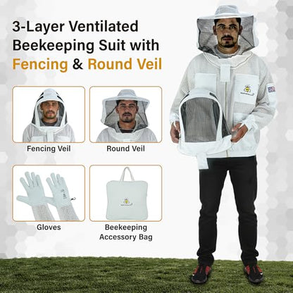 3-Layer Ventilated Mesh Bee Jacket for Men & Women with Veils Sting-Proof Beekeeping Jacket with Leather Gloves & Bag - color: White Dual Veil, size: Medium