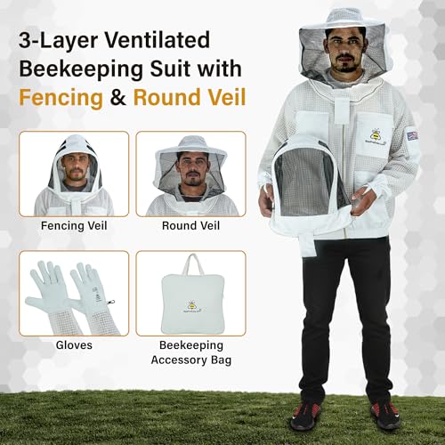3-Layer Ventilated Mesh Bee Jacket for Men & Women with Two Veil Sting-Proof Beekeeping Jacket with Leather Gloves & Bag