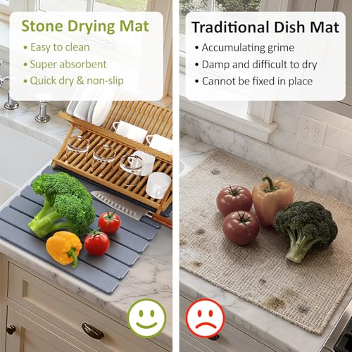 Large Stone Dish Drying Mat for Kitchen Counter, 24"(L)×16"(W), Collapsible Quick Dry Stone Dish Mats, Super Absorbent Diatomaceous Earth Drying Pad for Dishes Bottles Cups, Countertops (Black Grey) - color: Black Grey