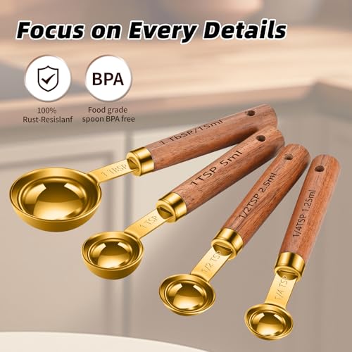Wooden Handle Measuring Cups & Spoons Set 8-Piece – Stainless Steel, Stackable, Rustic Farmhouse Kitchen Gadgets, Non-Toxic, Dishwasher Safe, Gift for Bakers & New Homeowners - size: Gold-wood handle