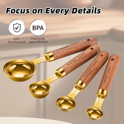 Wooden Handle Measuring Cups & Spoons Set 8-Piece – Stainless Steel, Stackable, Rustic Farmhouse Kitchen Gadgets, Non-Toxic, Dishwasher Safe, Gift for Bakers & New Homeowners - size: Gold-wood handle
