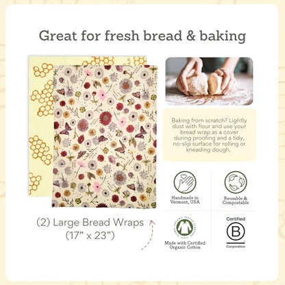 Bee's Wrap Beeswax Wraps for Food - Pack of 2 Bread Wraps - Meadow Magic & Honeycomb - Plastic Free Made in USA Reusable Bread Storage Bags - Organic & Sustainable Sourdough Bags - color: Meadow Magic & Honeycomb 2 Pack
