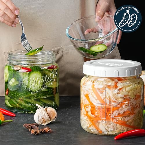 2 Pack Glass Jar with Lid, Half Gallon Mason Jar Wide Mouth for Pantry Storage, Flour, Pasta, Cookie, Candy, Fermenting, Pickle - Airtight Glass Storage Jars for Fridge w 2 Scale Marks(64 Oz)