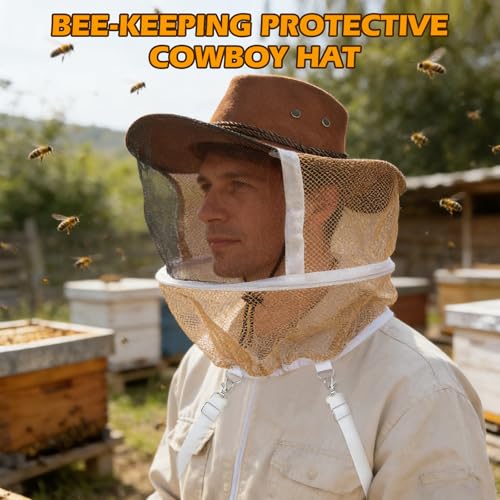 4-Pack Beekeeping Gloves & Hat Set - 2 Pack Beekeeping Veil Bee Keeper Hats and 2 Pack Thick Goatskin Leather Bee Gloves with Ventilated Sleeves, Outdoor Professional Beekeeping Protective Gear