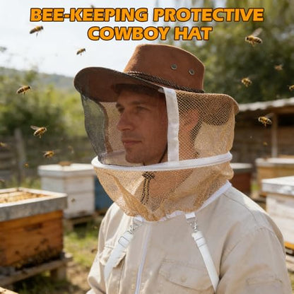 4-Pack Beekeeping Gloves & Hat Set - 2 Pack Beekeeping Veil Bee Keeper Hats and 2 Pack Thick Goatskin Leather Bee Gloves with Ventilated Sleeves, Outdoor Professional Beekeeping Protective Gear