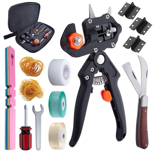 Garden Grafting Tool Kits 2 in 1 Professional Grafting Scissor Shear with 3 Replacement Blades Rubber Bands Grafting Knife Protective Film and Labels for Plant Branch Tree Cutting Pruning