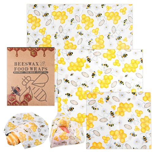 KFHESOMR 3 Pack Beeswax Wraps for Food, Reusable Food Wraps, Beeswax Wraps | Reusable Beeswax Wraps Roll , Organic Sustainable Beeswax Food Wraps, Cut-to-Size, for Bread, Sandwiche, Cheese, Fruit, Snack
