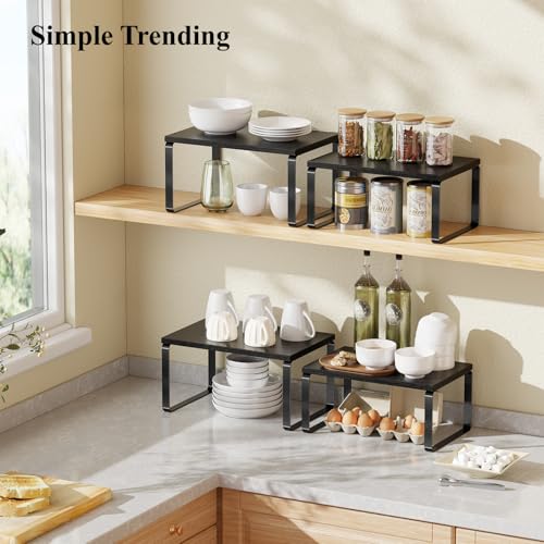 Simple Trending Cabinet Organizer Shelf, Set of 2 Stackable Kitchen Counter Shelves, Expandable Spice Rack Kitchen Storage Riser, Metal Engineered Wood, Black - color: Black