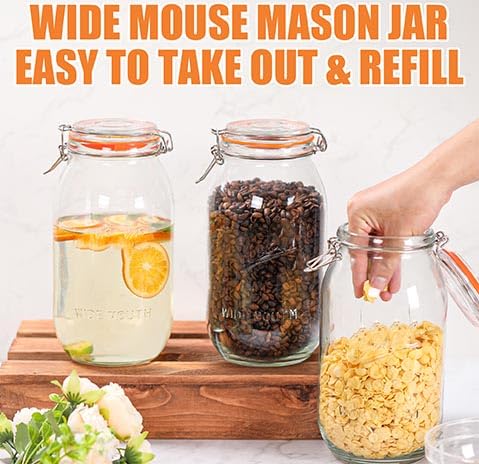 Half Gallon Mason Jars 64 oz Wide Mouth 3 Pack, Airtight Hinged Lid, BPA Free, Dishwasher Safe, for Canning, Pickling, Fermenting, Kitchen Storage, Coffee