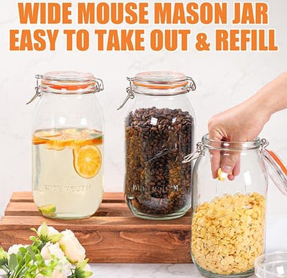 Half Gallon Mason Jars 64 oz Wide Mouth 3 Pack, Airtight Hinged Lid, BPA Free, Dishwasher Safe, for Canning, Pickling, Fermenting, Kitchen Storage, Coffee