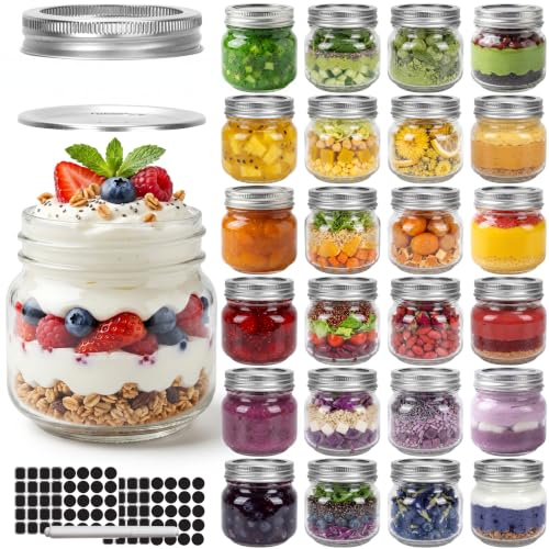 CycleMore 24 Pcs 8oz Clear Glass Mason Jars With Regular Silver Separable Lids, 250ml Round Spice Canning Jars for Honey, Jam, Herb, Wedding Favors, Kitchen Storage, DIY Souvenir - size: 8oz - 24 Pack