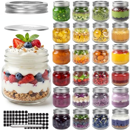 CycleMore 24 Pcs 8oz Clear Glass Mason Jars With Regular Silver Separable Lids, 250ml Round Spice Canning Jars for Honey, Jam, Herb, Wedding Favors, Kitchen Storage, DIY Souvenir - size: 8oz - 24 Pack