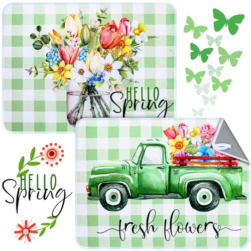 SiliFine 2 Pcs Dish Drying Mat for Kitchen, Spring Floral Absorbent Microfiber Dish Mat Counter 18 x 24 Inch Truck Flower Leaves Draining Green Drying Reusable Washable Pad - style: Spring