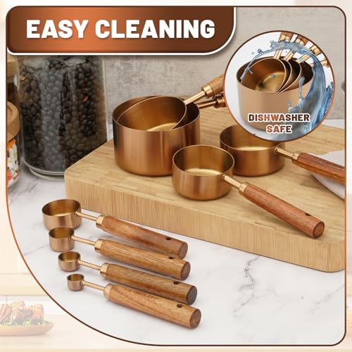 Premium Measuring Cups and Spoons Set with Wood Handle 8PCS | Stainless Steel Liquid and Dry Measuring Cup Set for Baking, Cooking, Coffee with Ergonomic Grip & Engraved Markings (Bronze) - color: Bronze8