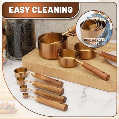 Premium Measuring Cups and Spoons Set with Wood Handle 8PCS | Stainless Steel Liquid and Dry Measuring Cup Set for Baking, Cooking, Coffee with Ergonomic Grip & Engraved Markings (Bronze) - color: Bronze8