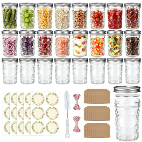 24 Pack 8oz Mason Jars with Airtight Lids, Diamond Pattern | Glass Canning Jars for Overnight Oats, Food Storage, Dry Food, Snacks Meal Prep, Pickling, Fermenting, Smoothies, Salad - color: Diamond-8oz-24