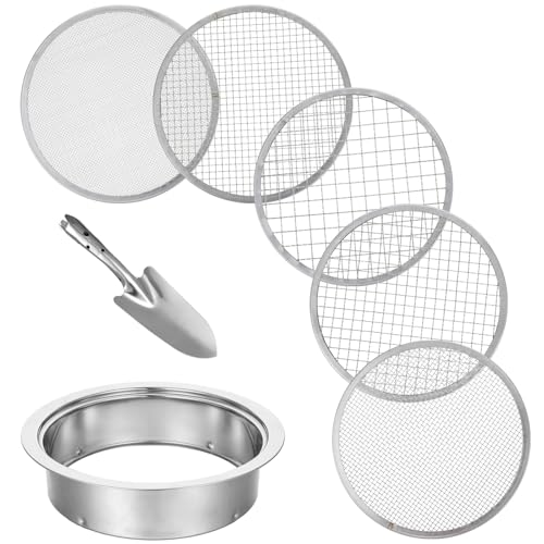 7 Pcs Soil Sifter Set Stainless Steel Riddle Sieve Set for Gardening with 5 Sizes 7.68" Diameter 1/3/6/9/12mm Interchangeable Meshes - Garden Potting Sieves with Shovel - Planting Soil Sifters Strains