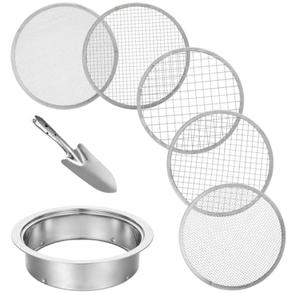 7 Pcs Soil Sifter Set Stainless Steel Riddle Sieve Set for Gardening with 5 Sizes 7.68" Diameter 1/3/6/9/12mm Interchangeable Meshes - Garden Potting Sieves with Shovel - Planting Soil Sifters Strains