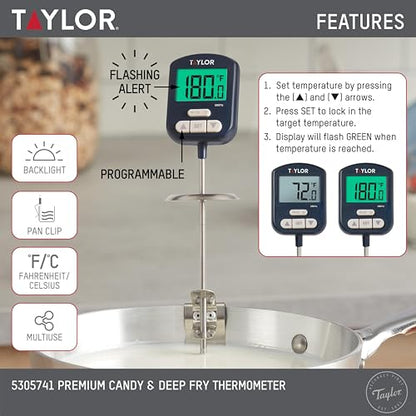 Taylor Digital Premium High Heat Resistant Candy Thermometer, Meat, Deep Fry, Brewing, and Craft Thermometer, with pan/Kettle Clip and Heat Shield, Backlit Display, and Includes 1 CR2032 Battery, Navy - color: Navy