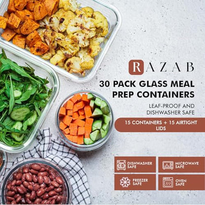 Razab 30 PC Glass Food Storage Containers with Lids - Reusable Glass Meal Prep Containers for Lunch and Leftovers - Airtight & Leakproof Snap Locking Lids - Oven, Freezer, Microwave, Dishwasher Safe - color: White