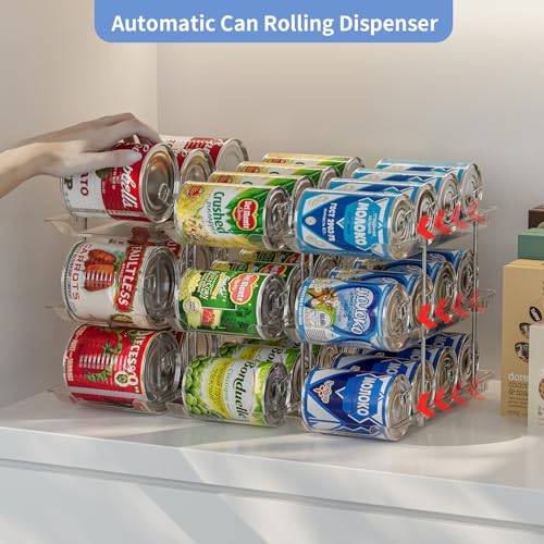 Jsyrjing Can Organizer for Pantry, 3-Tier Stackable Can Dispenser Rack | Automatic rolling, Modular flexible combination, Extra-thick clear material, Cabinet pantry fridge countertop storage - size: 3*3