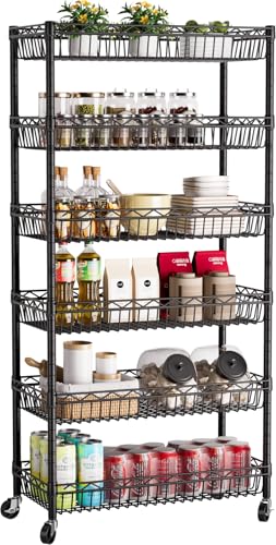 Golpart Basket Shelves Closet Rack with Wheels Metal Pantry Wire Shelf Unit | 6 tier Storage Rolling Shelving Bathroom Organizers Kitchen Garage Laundry Room Organization Home 30"Dx13.6"Wx65"H Black - color: Black, size: 6-tier-[30"Dx13.6"Wx65"H]