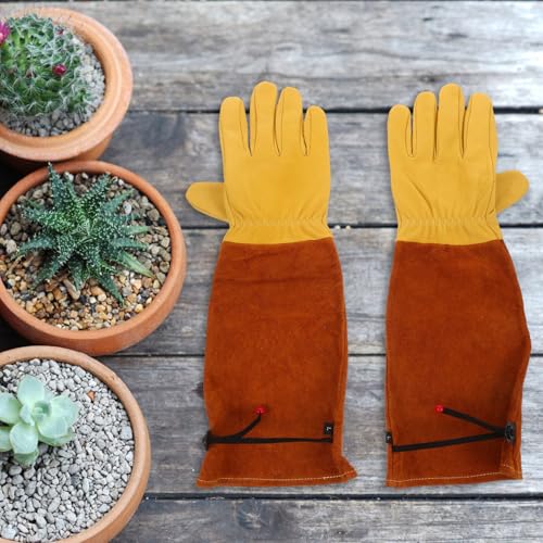 Homoyoyo 2pcs Long Sleeve Gardening Gloves Thorn-resistant Protective Gloves for Outdoor Yard Work and Beekeeping, Size L, Golden Leather Palm with Brown Cowhide Sleeve