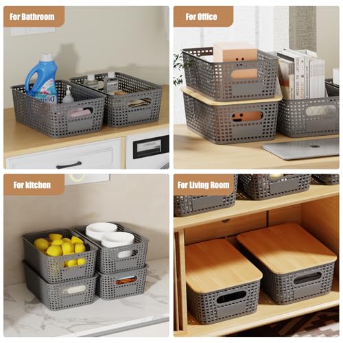 8 Pcs Plastic Storage Bins with Bamboo Lids and Labels 5.29qt Stackable Box Basket Pantry Decorative Containers, Small Storage Baskets for Drawers Organizing Closets Bedrooms Cabinets 10*7.2*4.1" - style: Gray-Bamboo Lid