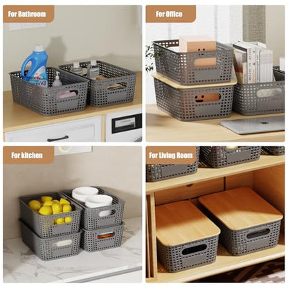8 Pcs Plastic Storage Bins with Bamboo Lids and Labels 5.29qt Stackable Box Basket Pantry Decorative Containers, Small Storage Baskets for Drawers Organizing Closets Bedrooms Cabinets 10*7.2*4.1" - style: Gray-Bamboo Lid