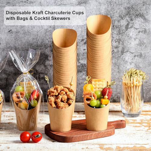 Disposable Charcuterie Cups 60 PCS with 200PCS Sticks and 60PCS Bags | 14 oz Kraft Paper Snack Boxes Appetizers Cup French Fry Holder with Cocktail Skewers Toothpicks Tooth Picks, Brown - color: Brown, size: 14 Oz 60 Pcs Set