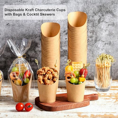 Disposable Charcuterie Cups 60 PCS with 200PCS Sticks and 60PCS Bags | 14 oz Kraft Paper Snack Boxes Appetizers Cup French Fry Holder with Cocktail Skewers Toothpicks Tooth Picks, Brown - color: Brown, size: 14 Oz 60 Pcs Set
