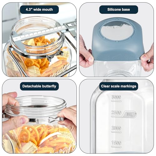 2 Pack Square Glass Containers with Airtight Lids, Wide Mouth Mason Jars, 1 Gallon Glass Jar With Handle & Non-slip Base & Scale Mark, 128 Oz Pantry Storage Canisters for Flour, Rice, Pickle