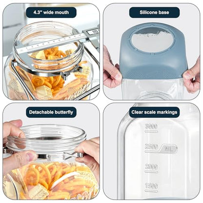2 Pack Square Glass Containers with Airtight Lids, Wide Mouth Mason Jars, 1 Gallon Glass Jar With Handle & Non-slip Base & Scale Mark, 128 Oz Pantry Storage Canisters for Flour, Rice, Pickle