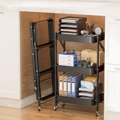 JAQ No Assembly Required Under Desk Rolling Cart, 3-Tier Foldable Metal Utility Cart, 26.8" Low Profile Storage Cart with Wheels, 10" Narrow Small Space Organizer, Black - color: Black