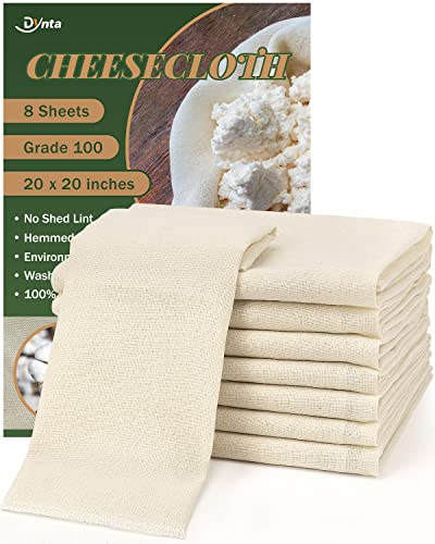 Cheesecloth for Straining Grade 100, 8 Pieces Reusable Hemmed Cheesecloth 20 x 20 Inches, 100% Unbleached Cotton Cheese Cloths for Straining, Filtering, Canning, Covering, Polishing and Decoration - size: 8 Pieces