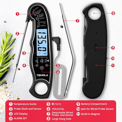 TEMOLA Meat Thermometer, Instant Read Food Thermometer for Cooking, Digital Food Thermometer with LCD Backlight for Candy Fry Grill BBQ Liquids, Kitchen Oven Safe Dual Probe 2 in 1 Thermometer - color: BK-Blue Light