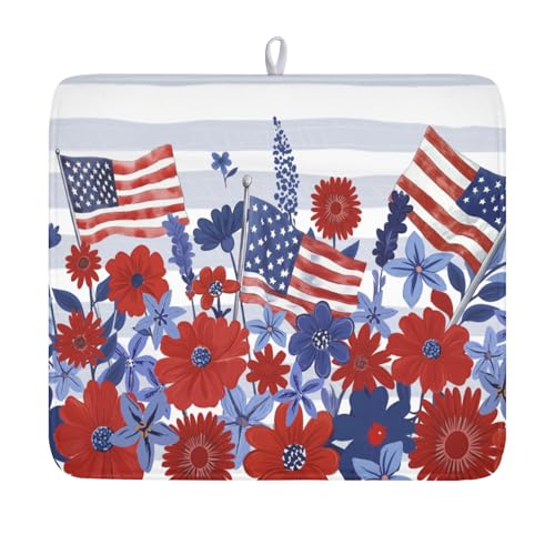 Patriotic Floral Dish Drying Mat for Kitchen Counter 4th of July American Flag Microfiber Dish Drainer Mat Red and Blue Flower Absorbent Washable Drying Pad 16"x18" - color: Patriotic Floral Flag, size: 18" x 16"