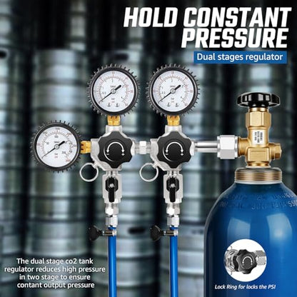 Dual CO2 Regulator for Kegerator CO2 Tank Regulator, CGA-320 CO2 Pressure Regulator with Threaded End Fittings, Two Output Gauges with Swivel Nut 1/4”& 5/16”Barb for Homebrew