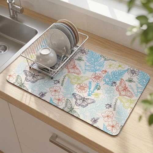 LemonRoad Dish Drying Mat for Kitchen Counter, 12"x20" Absorbent Coffee Bar Mat with Plant Butterflies Design, Fast-dry Diatomite Drainer Drying Mats with Non-slip Backing for Kitchen Sink Countertop - style: Plant Butterflies