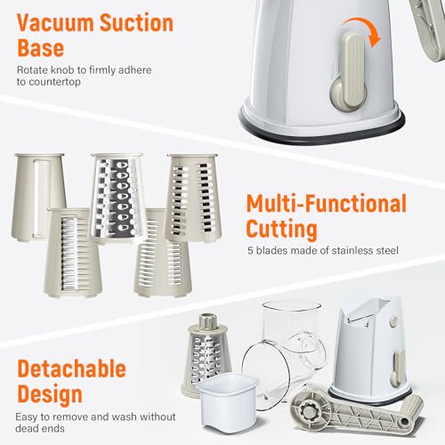 Rotary Cheese Grater Hand Crank with 5 Interchangeable Blades, Vegetable Slicer Chopper for Fruit Vegetable Nuts, Mandoline Slicer for Kitchen with Blades Rack & Suction Base, White - color: White