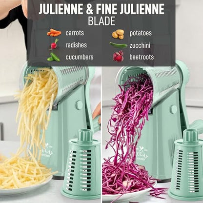 Zulay Kitchen Rotary Cheese Grater 5 Blade Cheese Shredder - Manual Hand Crank Cheese Grater With Reinforced Suction & 5 Interchangeable Drums - Easy to Use, Vegetable Chopper Round Mandoline Slicer - color: Seafoam