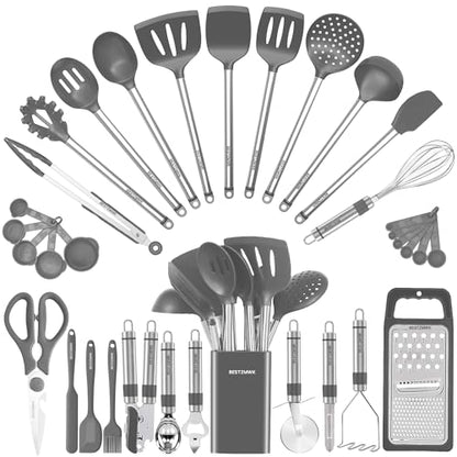 Kitchen Utensil Set-Silicone Cooking Utensils-33 Kitchen Gadgets & Spoons for Nonstick Cookware-Silicone and Stainless Steel Spatula Set-Best Kitchen Tools, Useful Pots (Grey) - color: Gray