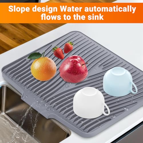 Silicone Dish Drying Mat for Kitchen counter, 19.7"x17" Extra Large Non-Slip Drain Pad with Built-in Drainage, Heat Resistant Dishwasher Safe, Grey - color: Gray, size: 19.7" x 17"