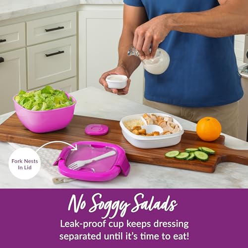 Bentgo Salad Container - 54 oz Bowl with 4-Compartment Toppings Tray, Leak-Proof Dressing Container, Reusable Fork, BPA-Free Lunch Box for Meal Prep & Food Storage; Removable Bento Tray (Purple) - color: Purple