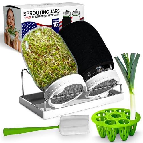 Broccoli Sprouting Kit & Green Onion Regrower with USA Organic Broccoli & Alfalfa Seeds – 2 Wide-Mouth Mason Jars, Sprout Lids, Stainless Stand, Drain Tray & Blackout Sleeves - color: Sprouts Growing Kit & Green Onion Regrower