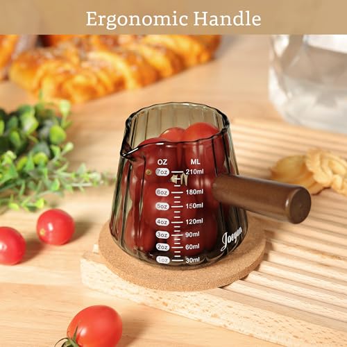 Joeyan 7 oz Espresso Cups, Glass Measuring Cup, Espresso Shot Cup with Spout and Wood Handle, Gray Espresso Shot Glass, Ribbed Milk Frothing Pitcher, Espresso Machine Coffee Bar Accessories - color: Gray ribbed espresso cup