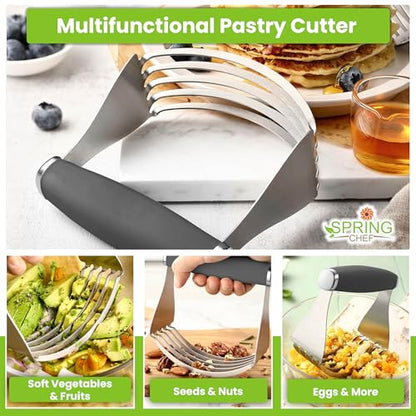 Spring Chef XL Stainless Steel Pastry Cutter Tool for Baking - Heavy Duty Dough Blender - Butter & Dough Cutter Tool with Sharp Blades - Pastry Blender for Easy Mixing - Dishwasher Safe - Gray | Heavy Duty Dough Mixer with Stainless Steel Blades, Butter C