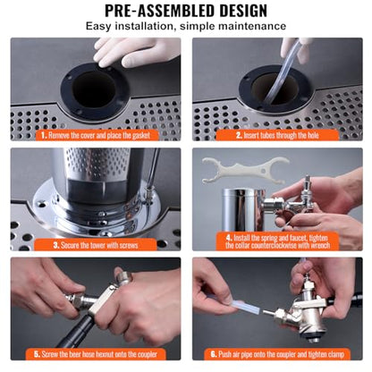 VEVOR Kegerator Tower Kit, Single Tap Beer Conversion Kit, Stainless Steel Keg Beer Tower Dispenser with Dual Gauge CGA320 Regulator & D-System Keg Coupler, Beer Drip Tray for Party Home - style: Single Tap