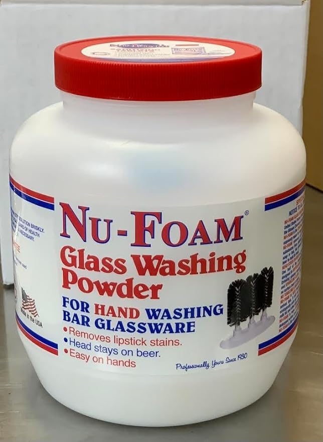 Nu-Foam Glass Washing Powder - Detergent for Bar Glassware – Original Streak-Free Solution - Hand Washing Bar, Tavern, Brewery Supplies - Spotless Serving Glasses - Easy On Hands - 4 Lb Jar - 2 Pack - style: 64 Ounce (Pack of 2)