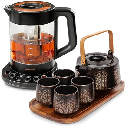 Viante Luxury Tea Set, Electric Kettle With Infuser, Gift for Tea Lovers | Borosilicate glass body plus ceramic teapot, 4 ceramic cups & bamboo tray. No plastic ever touches your water - style: Black with Tea Set